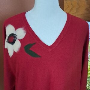 Women's Red V-Neck Sweater with Cream Floral Accent